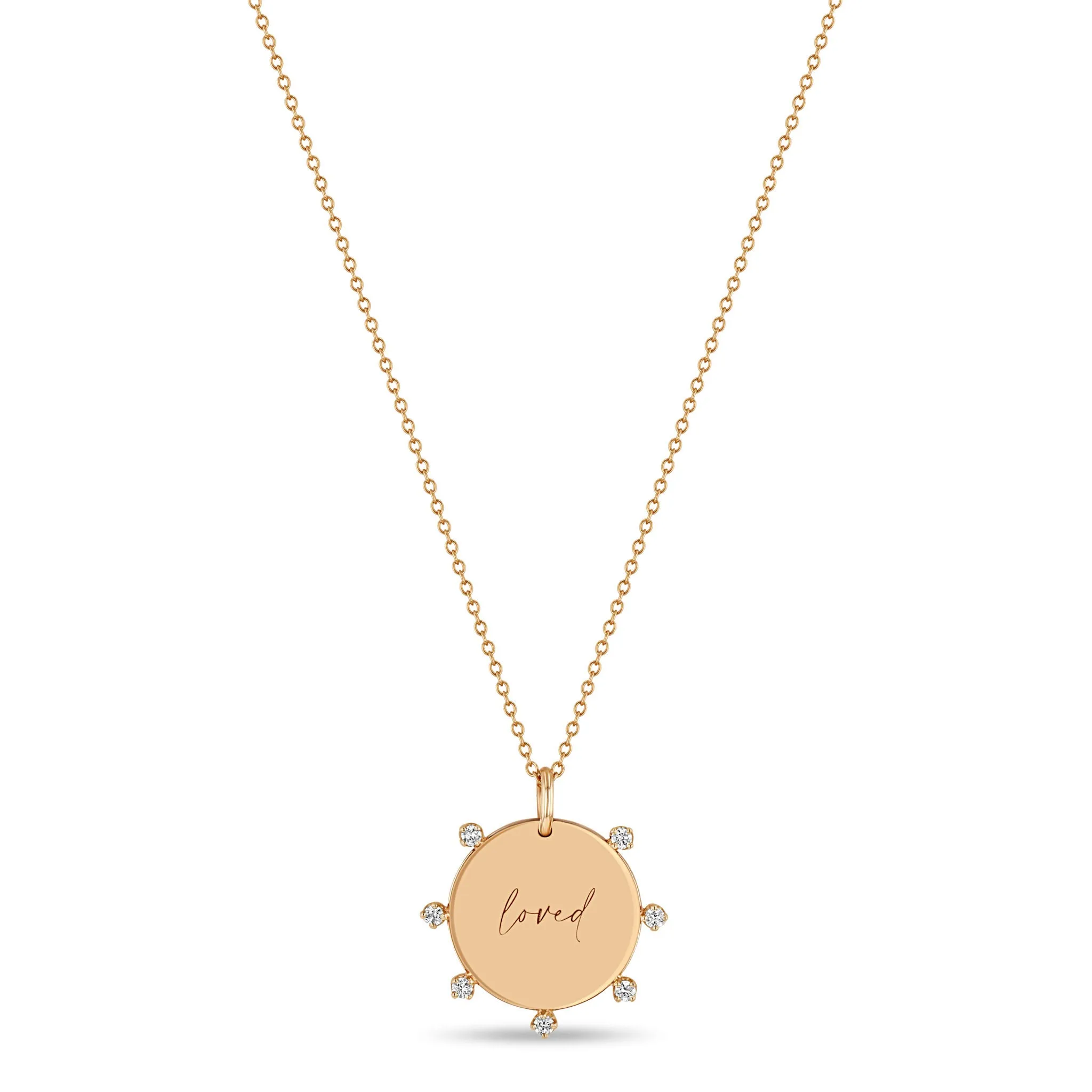 14k Small loved Disc with Prong Diamonds Pendant Necklace