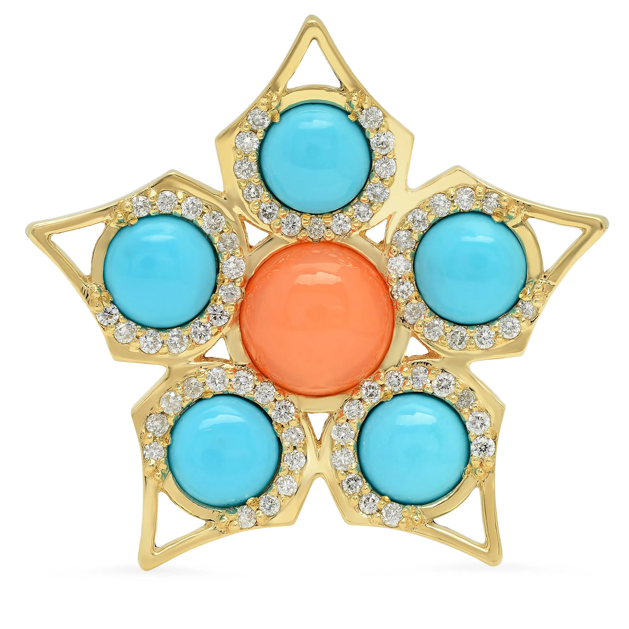 14K YG Coral and Turquoise Diamond Ring