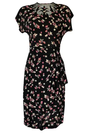 1940s Unlabeled Prettiest Dove & Star Novelty Print Silky Rayon Dress