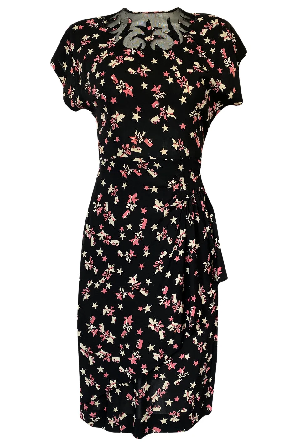 1940s Unlabeled Prettiest Dove & Star Novelty Print Silky Rayon Dress