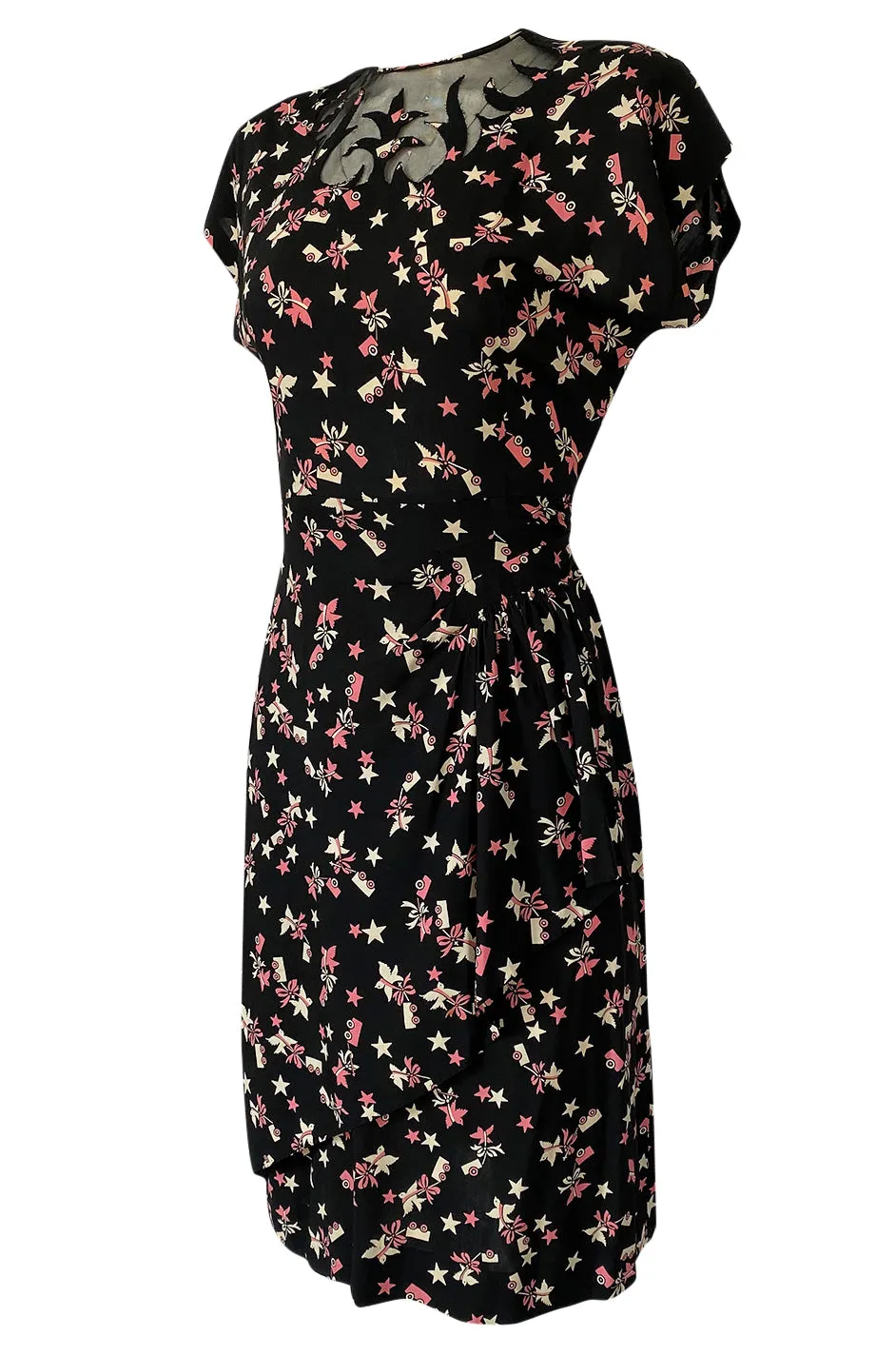 1940s Unlabeled Prettiest Dove & Star Novelty Print Silky Rayon Dress