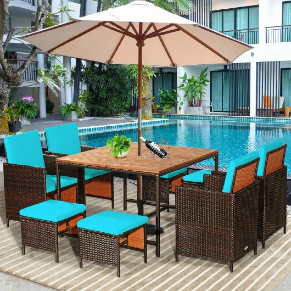 9 Pieces Patio Rattan Dining Cushioned Chairs Set-Red