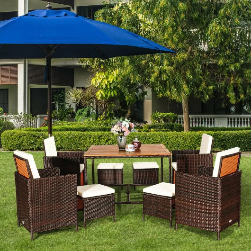 9 Pieces Patio Rattan Dining Cushioned Chairs Set-Red