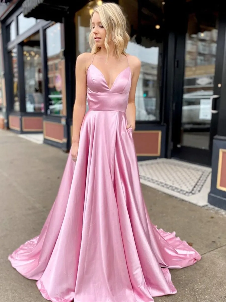 A Line V Neck Satin Long Prom Dresses with High Slit Backless Formal Gowns with Pocket