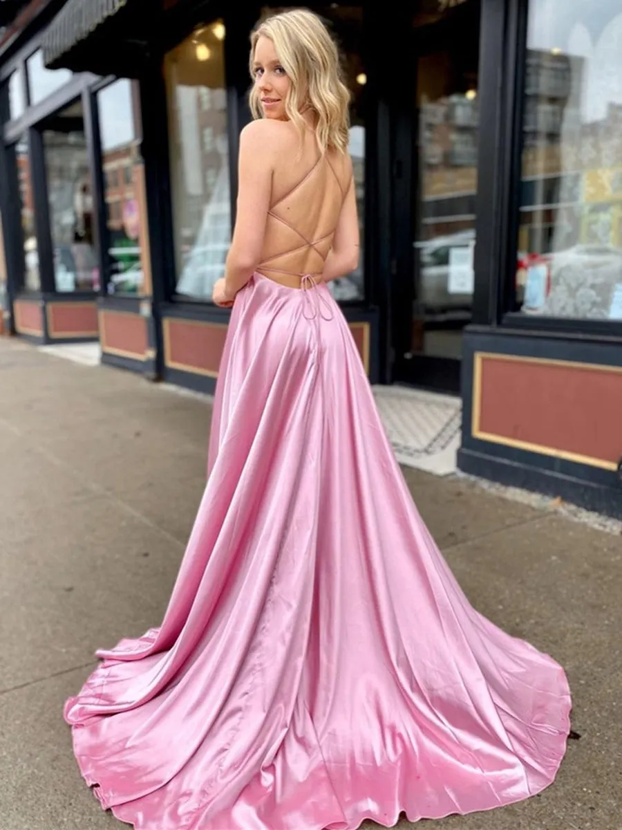 A Line V Neck Satin Long Prom Dresses with High Slit Backless Formal Gowns with Pocket