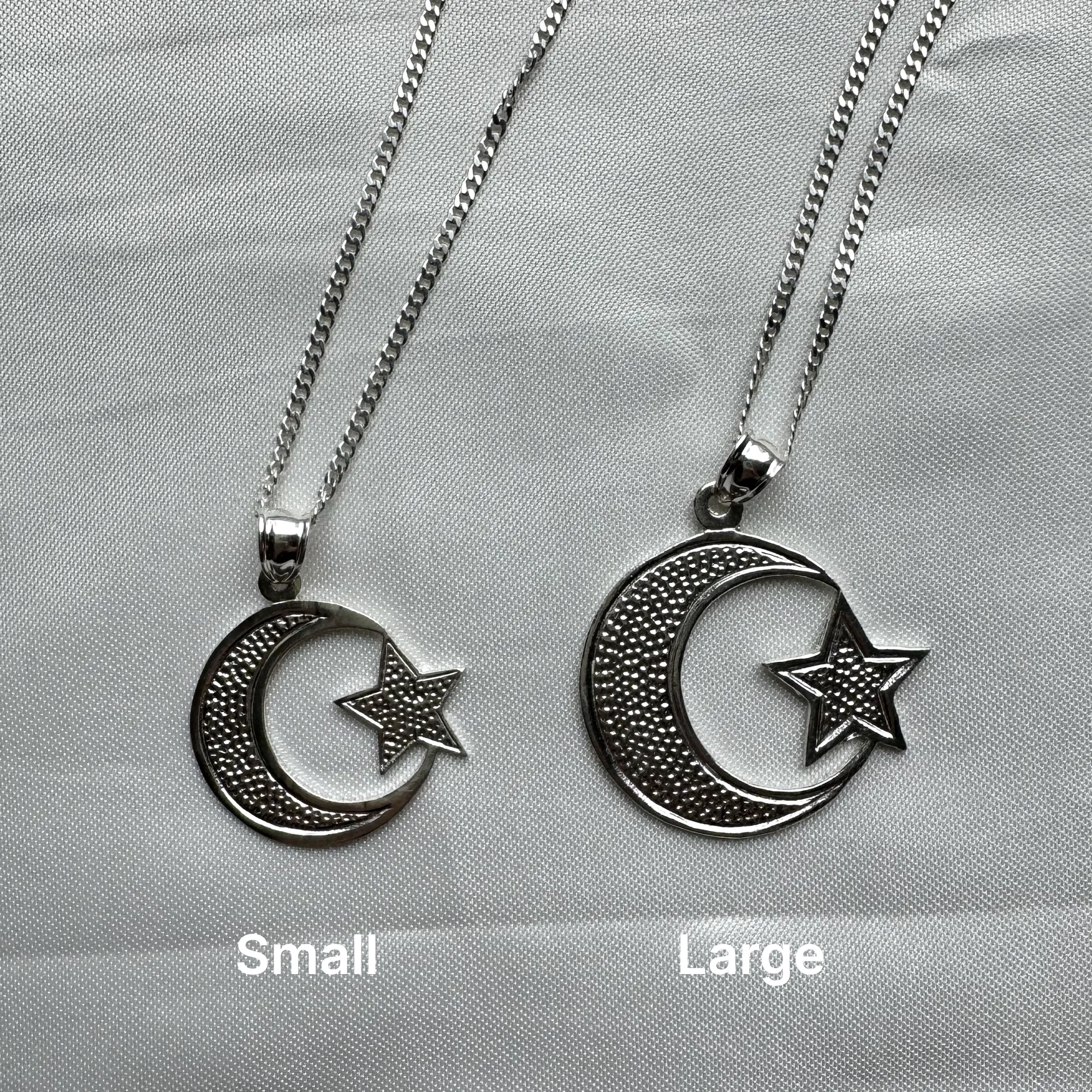 Better Jewelry Sterling Silver .925  Muslim / Islam Crescent Moon   Star Pendant w. Cuban Chain (Made in USA)