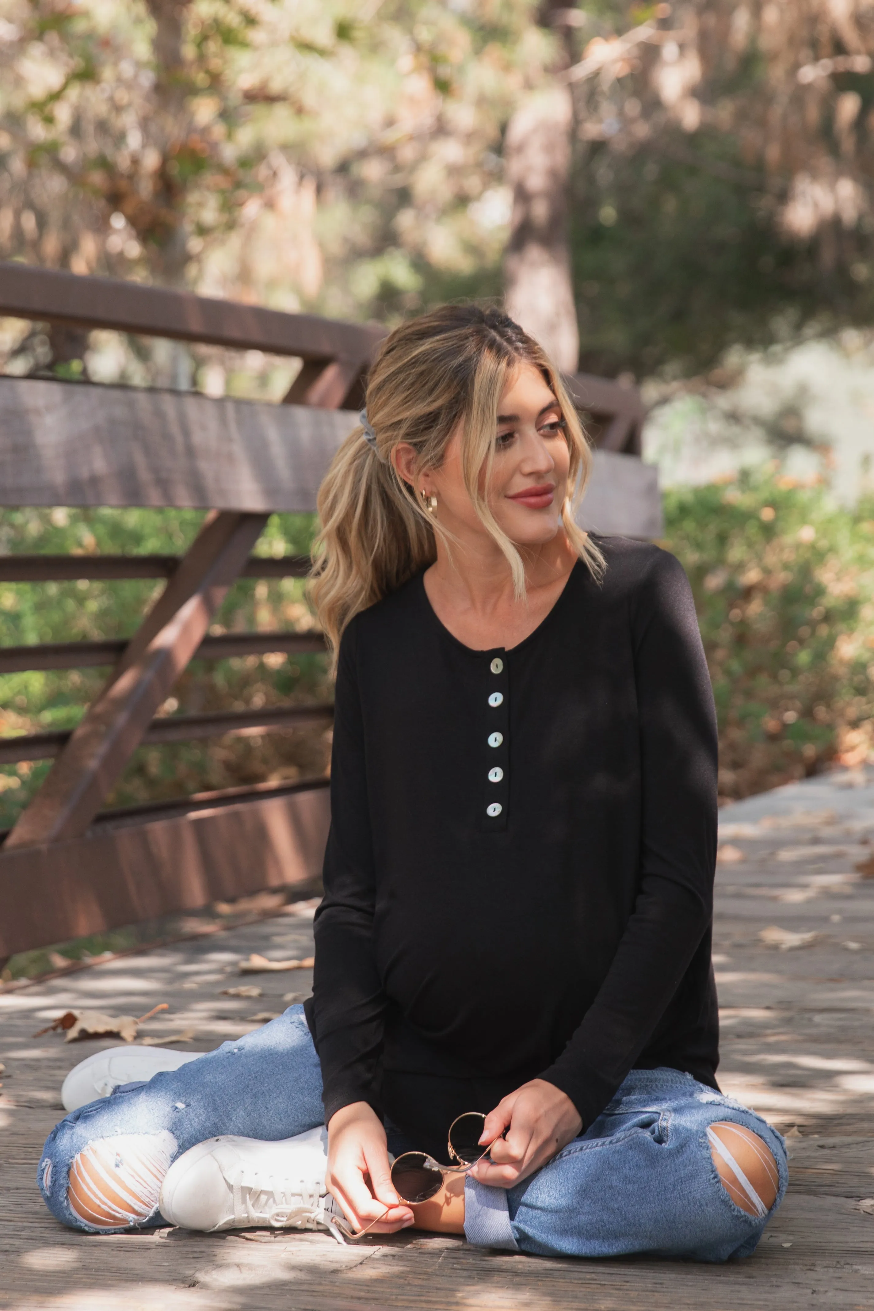 Black Button Accent Long Sleeve Maternity Top