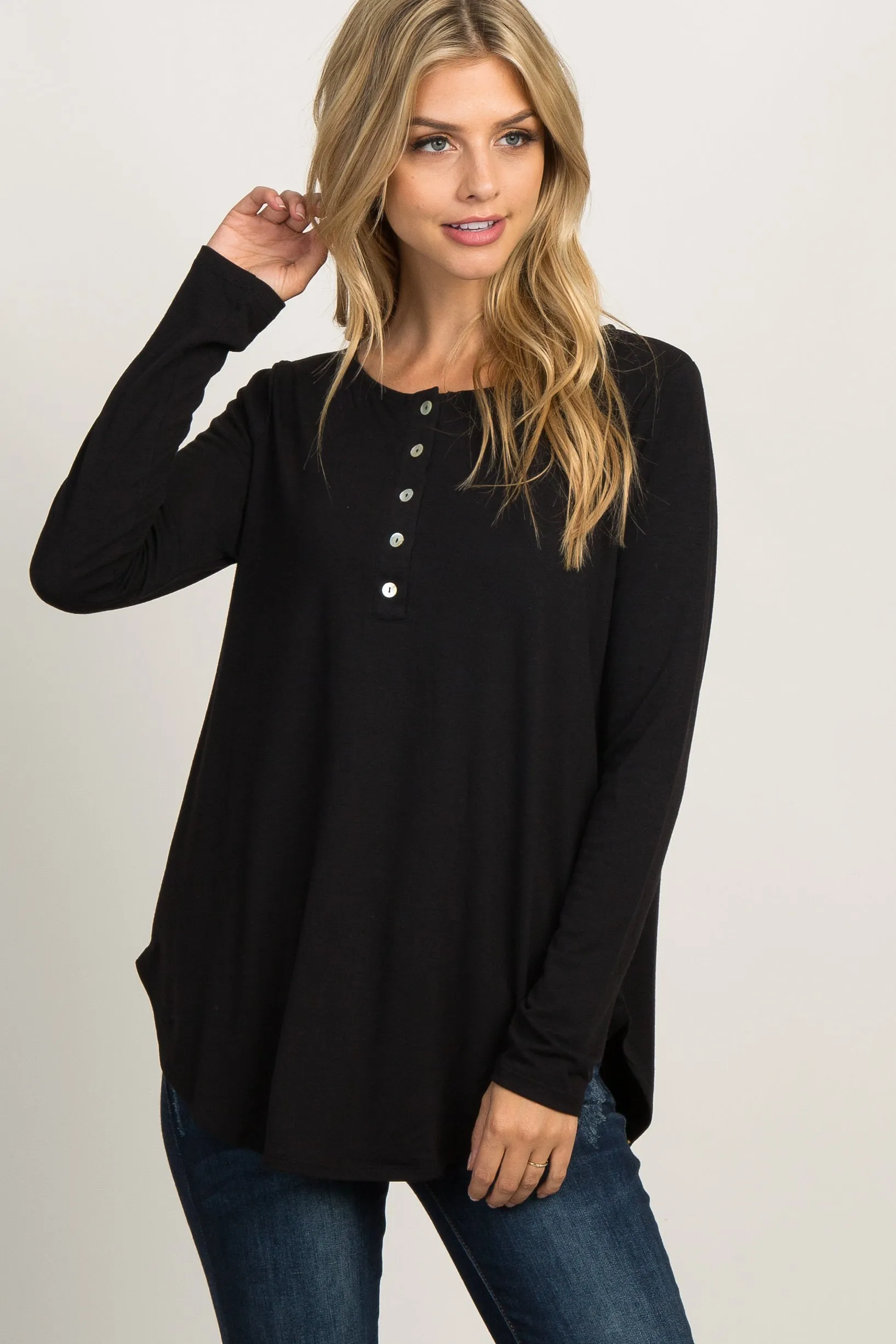 Black Button Accent Long Sleeve Maternity Top