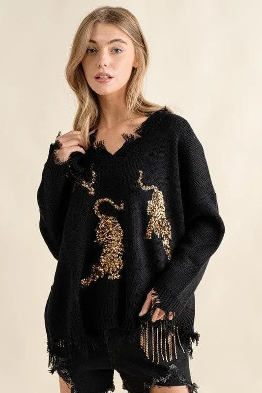 BLUE B Frayed Edge Sequin Tiger Sweater, 2 Colors