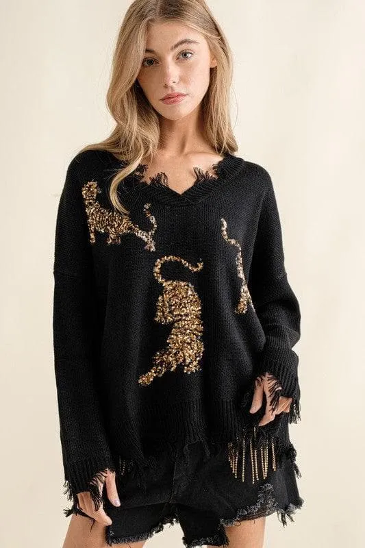 BLUE B Frayed Edge Sequin Tiger Sweater, 2 Colors