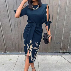 Botanical Abstract Print Tie Sleeve Midi Dress