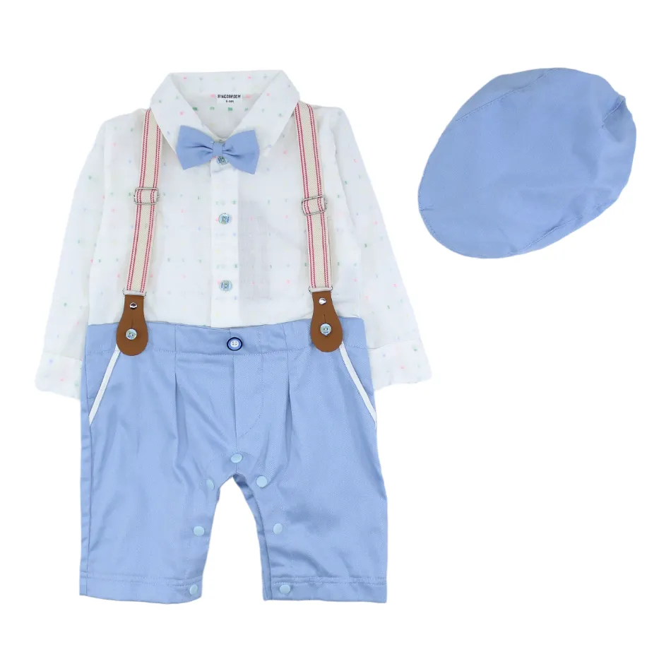 Bowtie Romper With Suspender And Cap - Multi