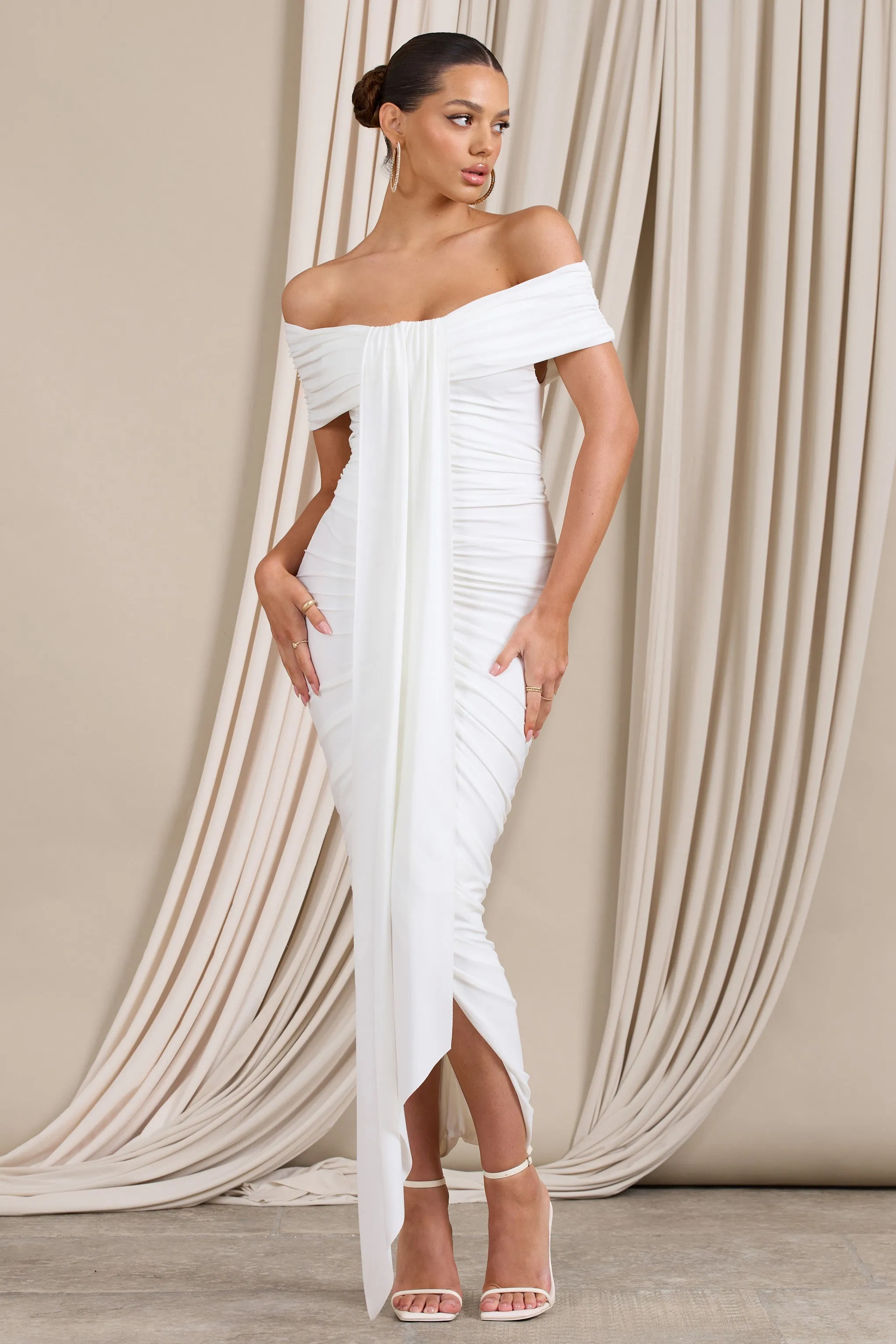 Camrin | White Ruched Bardot Maxi Dress With Train Detail