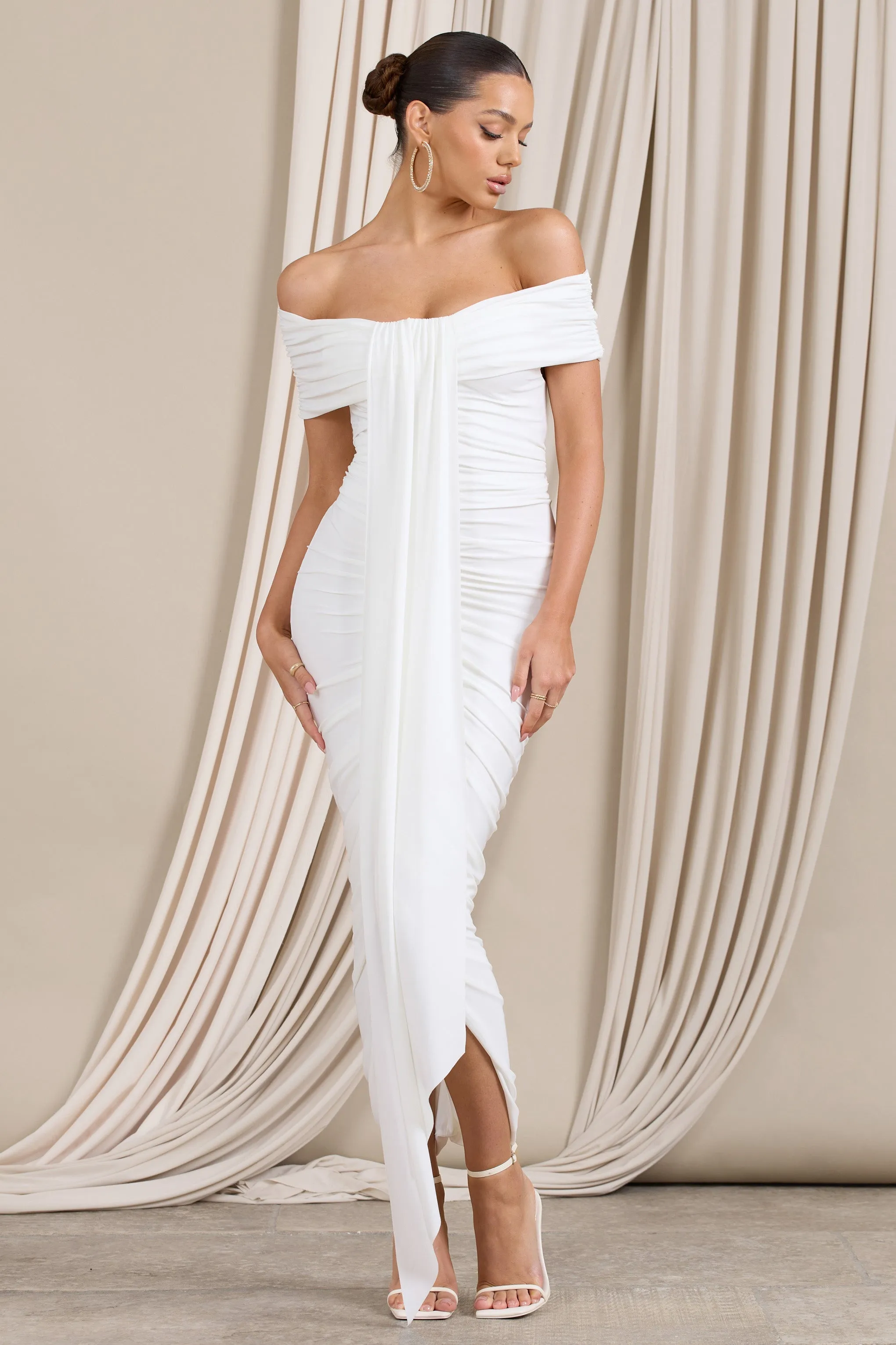 Camrin | White Ruched Bardot Maxi Dress With Train Detail