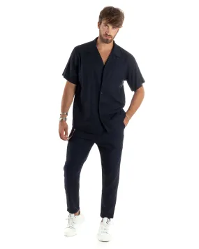 Completo Set Coordinato Uomo Lino Camicia Mezze Maniche Colletto Bowling Pantaloni Classici Con Pinces Outfit Casual Regular Fit Tinta Unita Blu GIOSAL-OU2460A