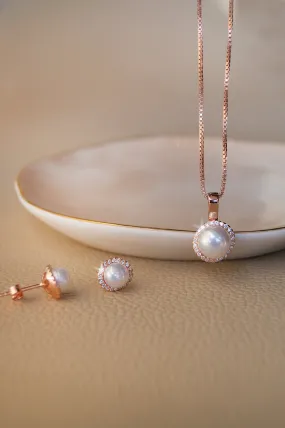 Encircled Pearl Rose Gold Plated Sterling Silver Pendant Set