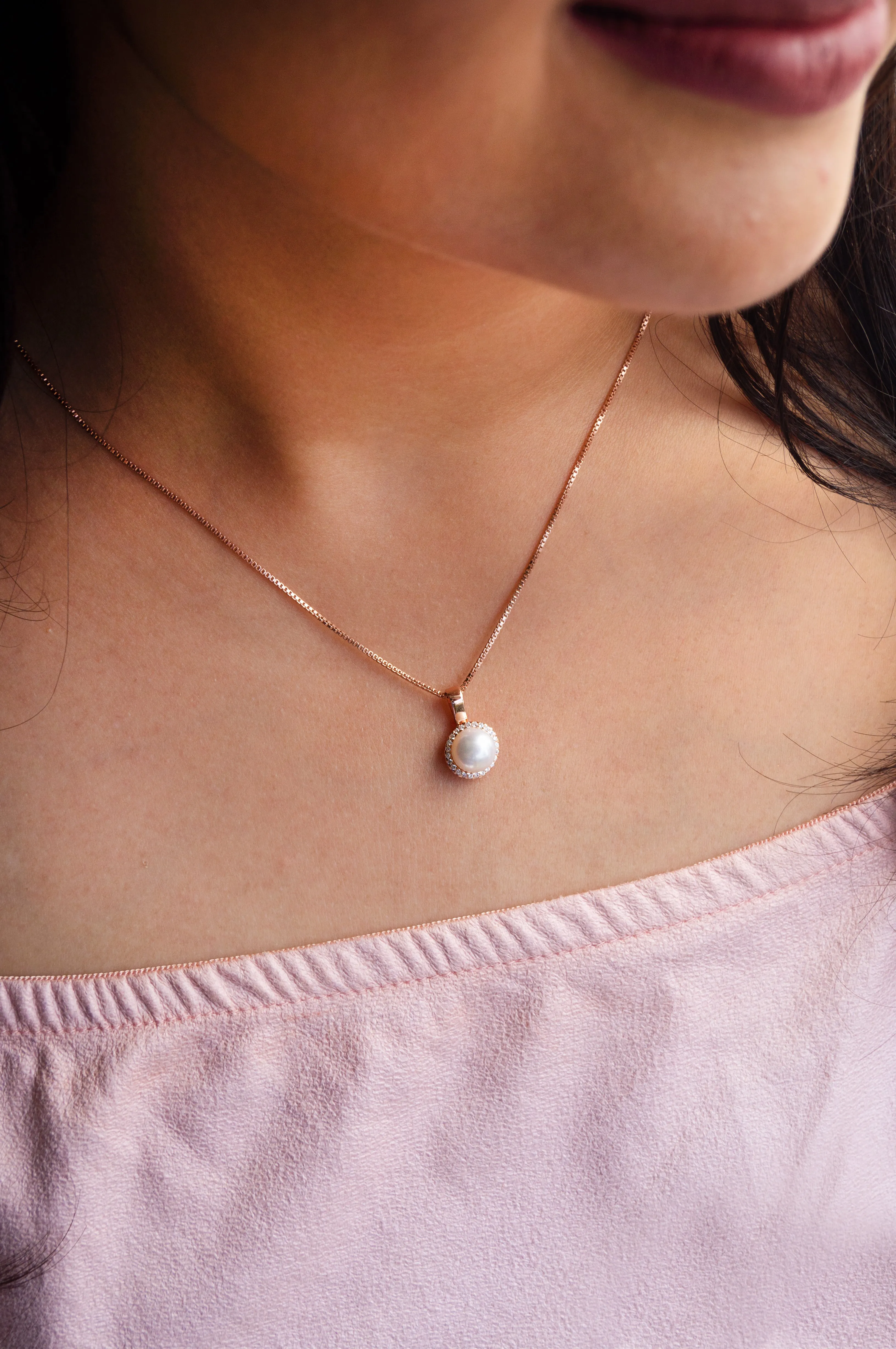 Encircled Pearl Rose Gold Plated Sterling Silver Pendant Set