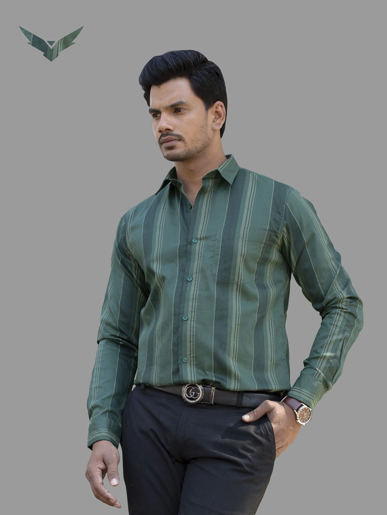 Grass Green And Dark Green Striped Dobby Luxurious Cotton Shirt