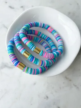 Heishi Color Pop Bracelet Aqua Rainbow Gold Barrel