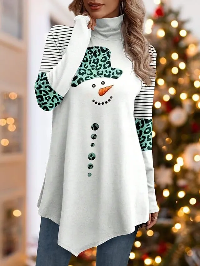 Leopard Snowman Striped Print Asymmetrical Turtleneck Tee - Women's Long Sleeve