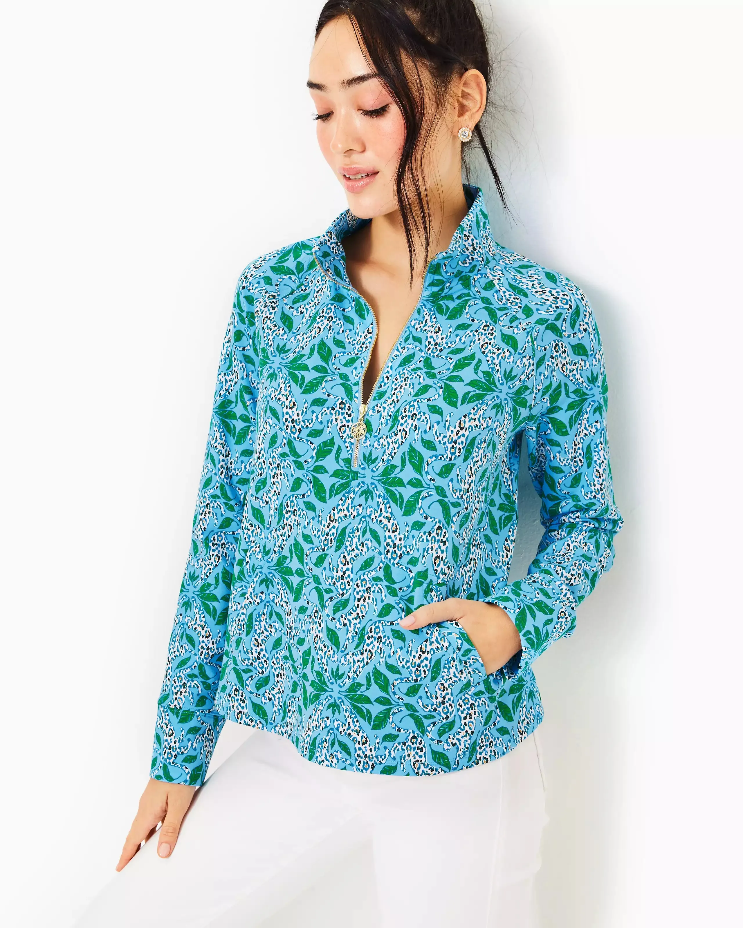 Lilly Pulitzer Women's UPF 50  Melena Popover - Bon Bon Blue Leapin Leopards