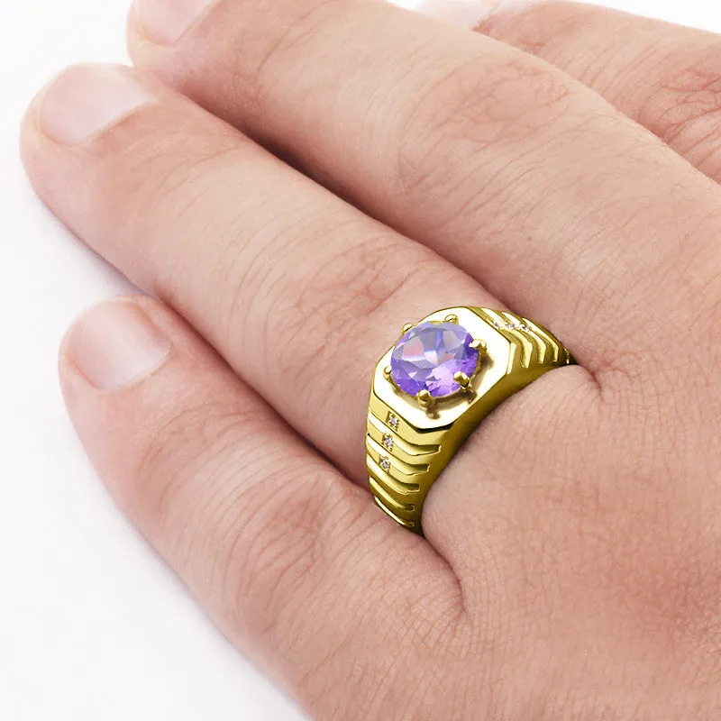 Men's Ring with Purple Amethyst and Diamonds in 14k Yellow Gold