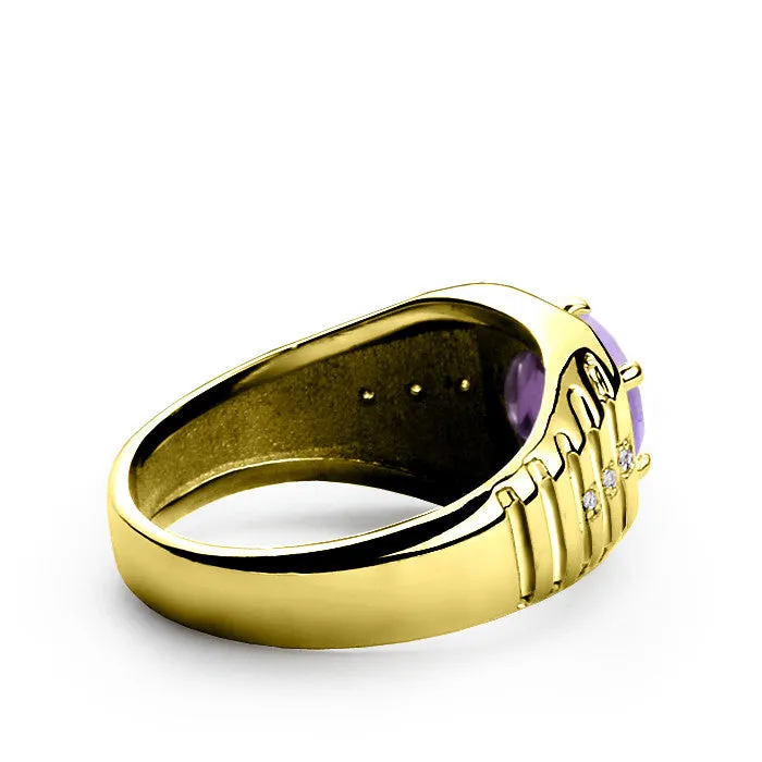 Men's Ring with Purple Amethyst and Diamonds in 14k Yellow Gold