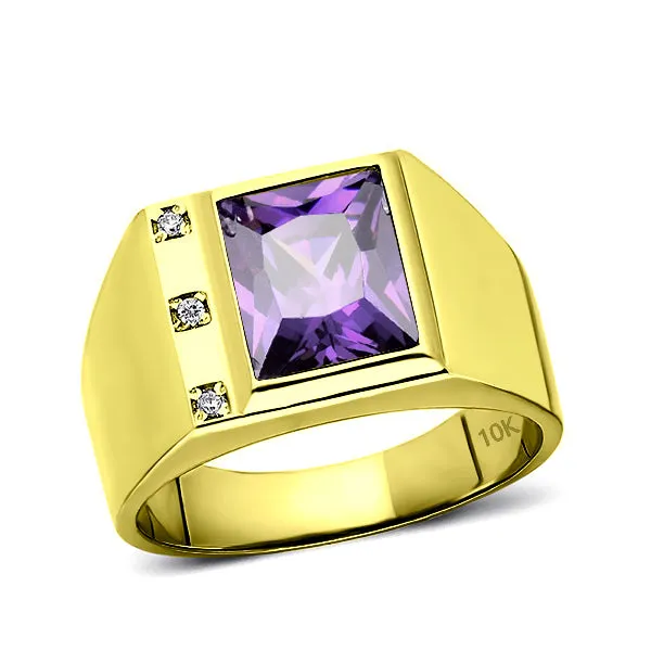 Mens Solid 10K Gold Purple Amethyst Ring 3 Natural Diamonds Fine Ring for Man