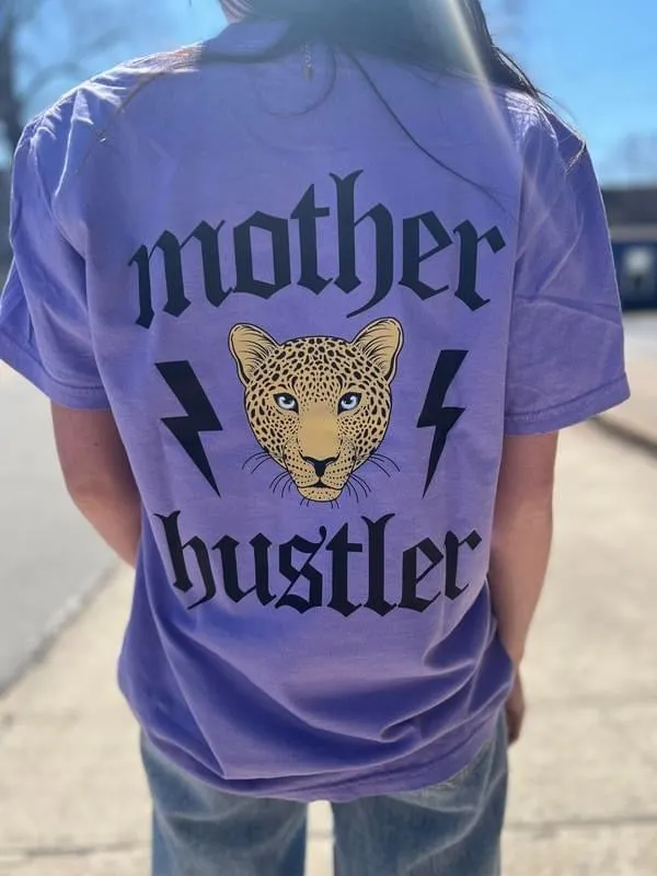 {MOTHER HUSTLER} Front   Back Leopard Purple Crew Neck Tee