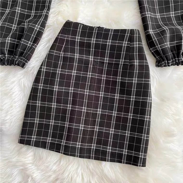 NEW FASHION PLAID SHORT SHIRT & SKIRT BY96555