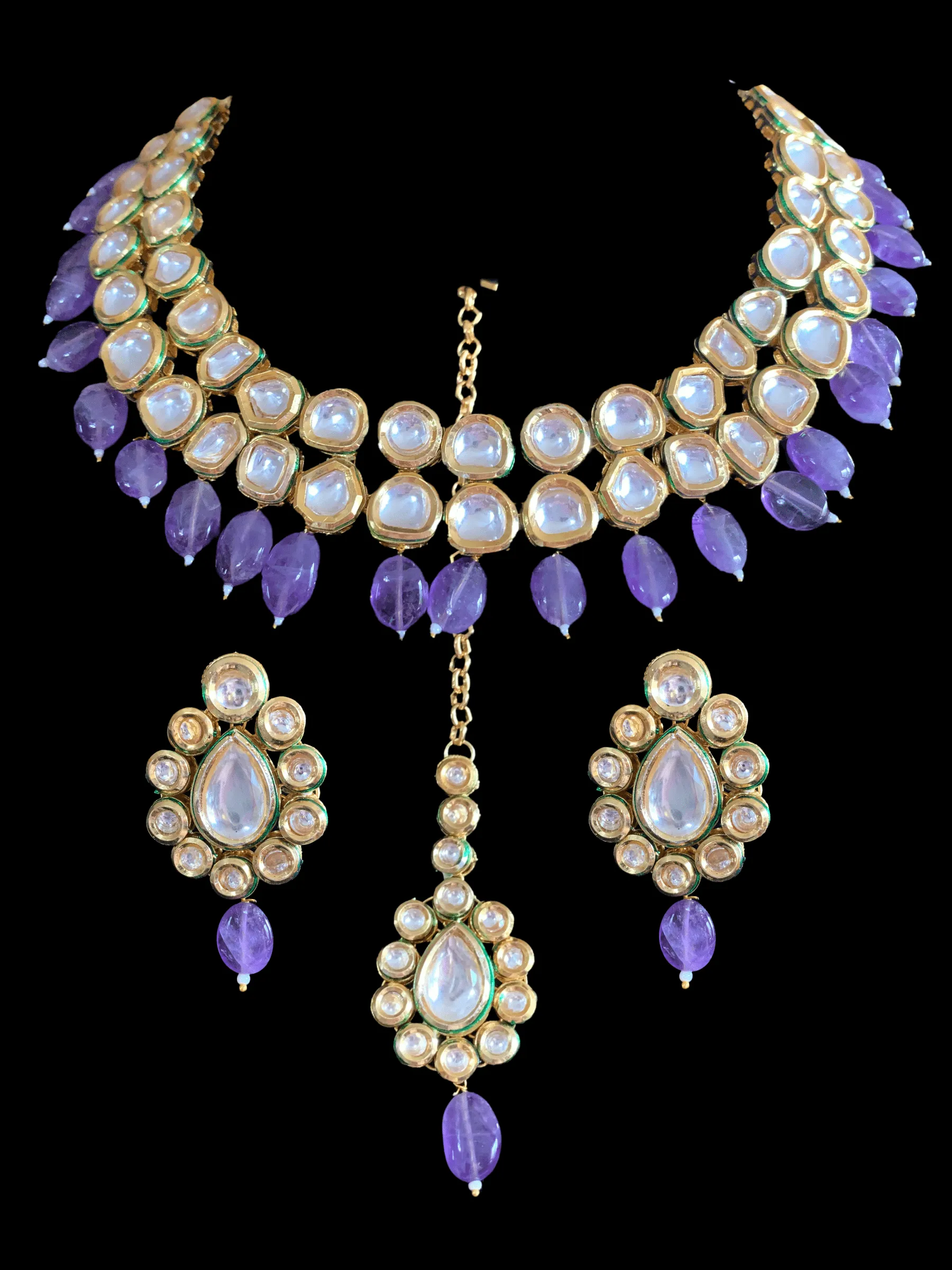 NS177 Mohini bridal necklace in high quality kundan with natural amethyst beads (READY TO SHIP )