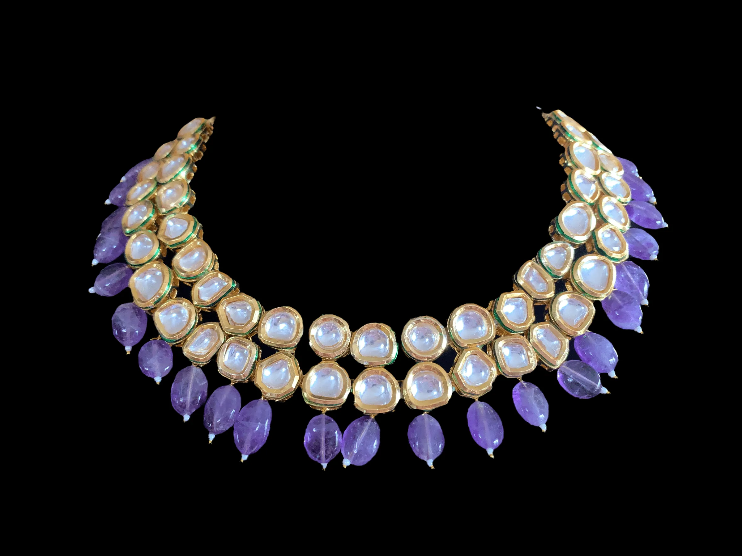 NS177 Mohini bridal necklace in high quality kundan with natural amethyst beads (READY TO SHIP )