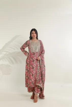 Pink jaal floral digital print viscose chinon fabric kurta set