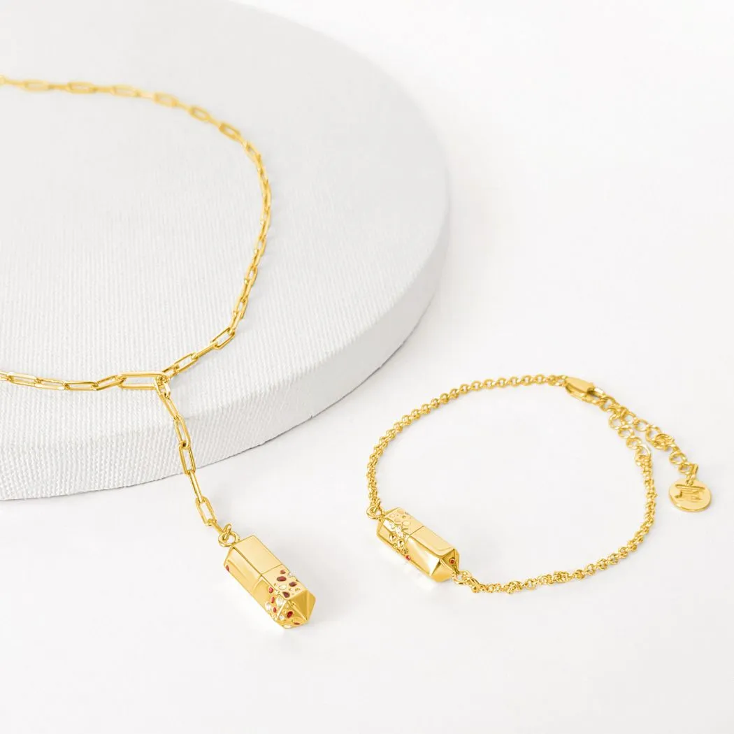 Polygon Lariat Locket & Bracelet Gift Set - Gold