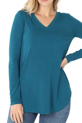 Premium Long Sleeve V Neck Round Hem Top: 1-1-2-2 (S-M-L-XL) / TEAL