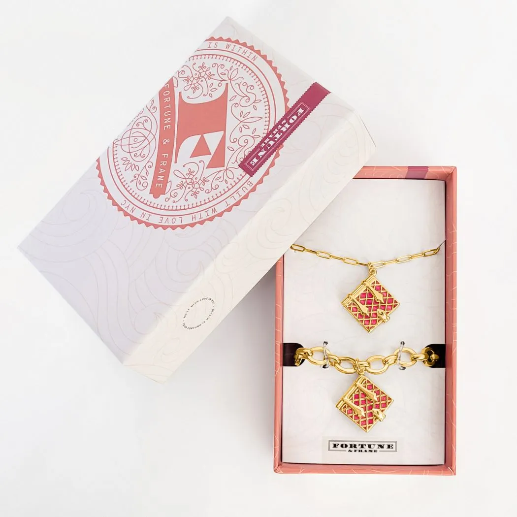 Secret Diary Book Locket & Bracelet Gift Set (Magenta) - Gold