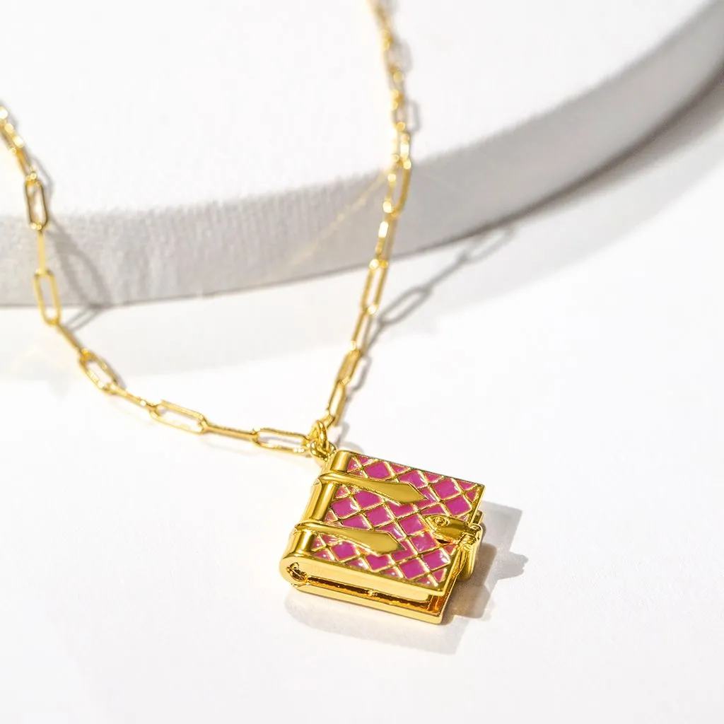 Secret Diary Book Locket & Bracelet Gift Set (Magenta) - Gold