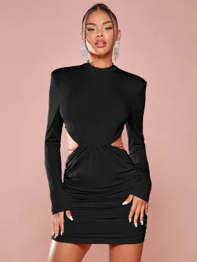 Shoulder Pad Cut Out Ruched Bodycon Dress