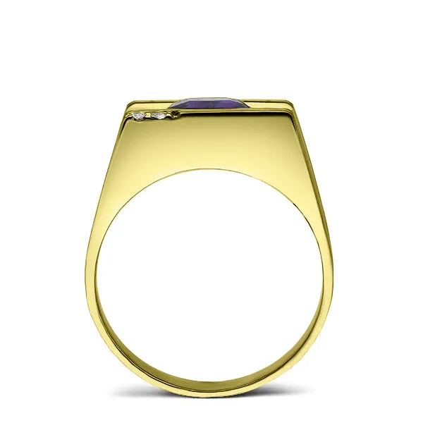 Solid 18 karat Gold Ring For Men with Purple Amethyst and 2 Diamond Accents