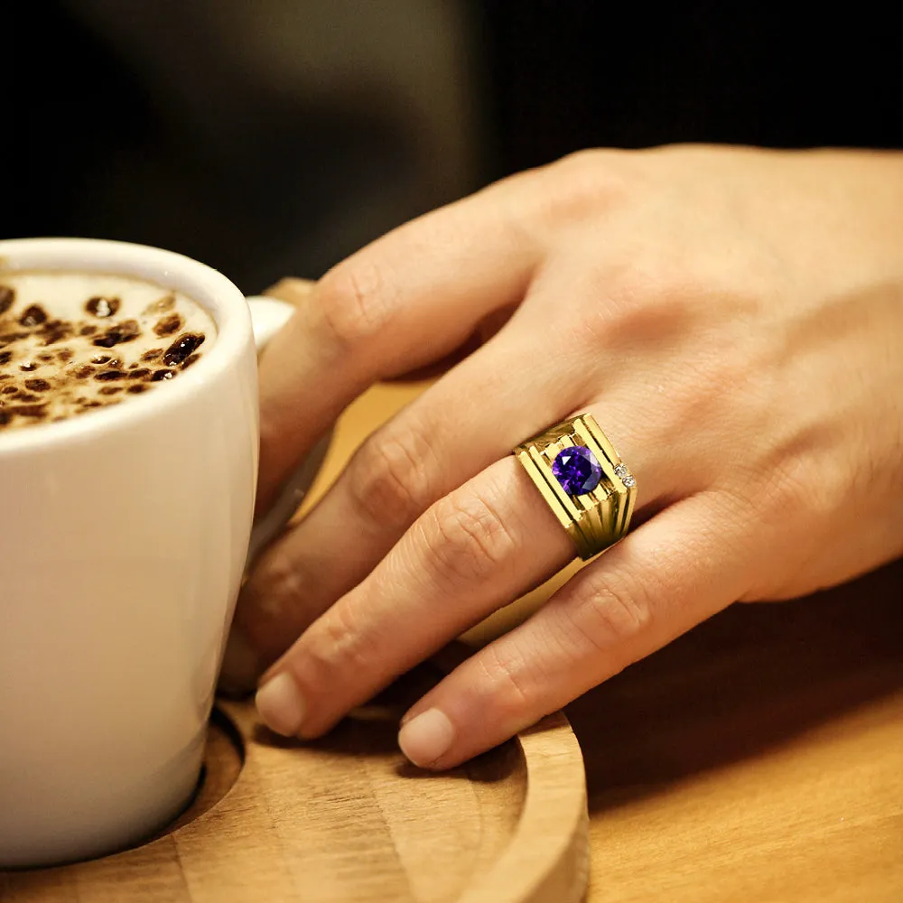 Solid 18 karat Gold Ring For Men with Purple Amethyst and 2 Diamond Accents