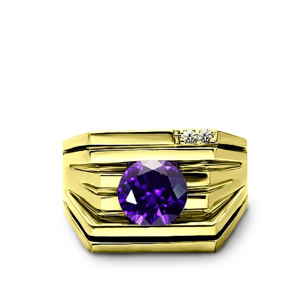 Solid 18 karat Gold Ring For Men with Purple Amethyst and 2 Diamond Accents