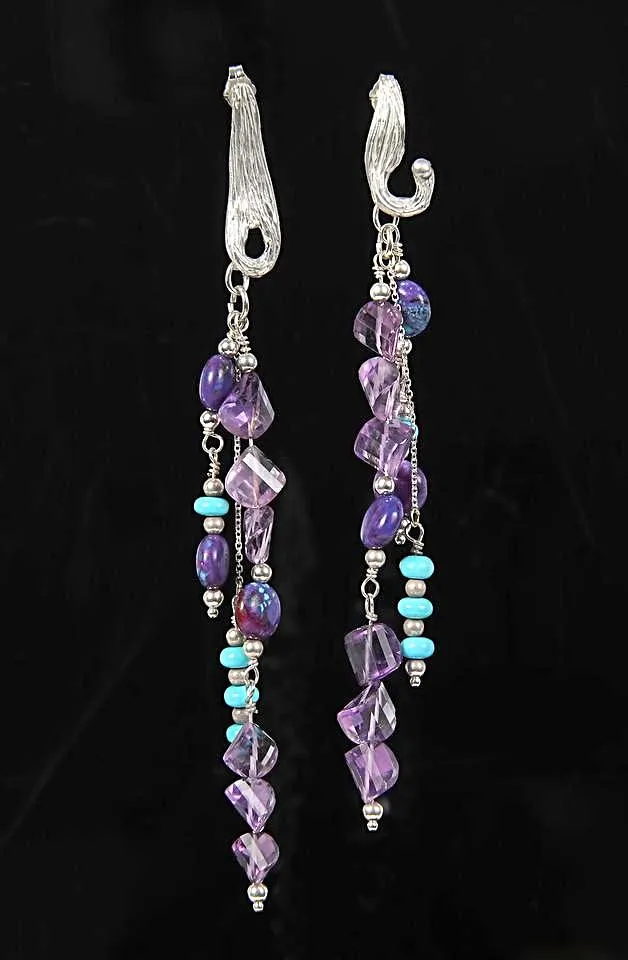 Turquoise, Amethyst, and Silver Chandelier Earrings