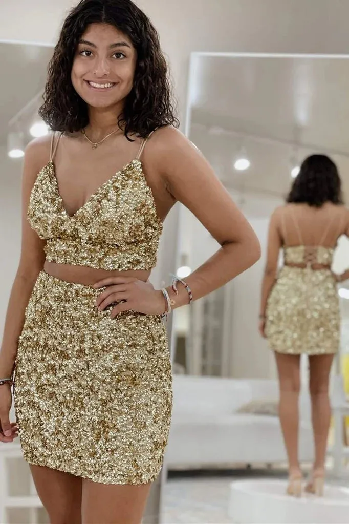 Two Piece Spaghetti Strap V Neck Sequins Short Homecoming Dresses