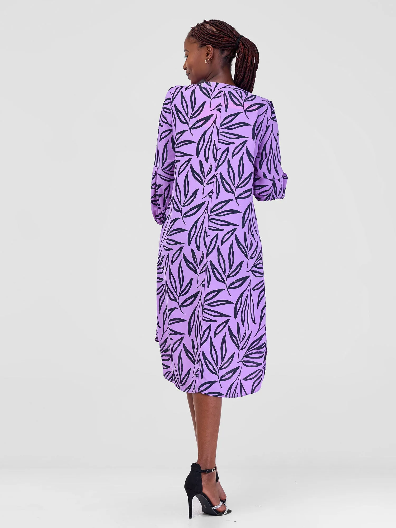 Vivo Imali Bishop Sleeve High Low Knee Length Dress - Purple / Black Kasai Print