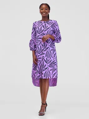 Vivo Imali Bishop Sleeve High Low Knee Length Dress - Purple / Black Kasai Print