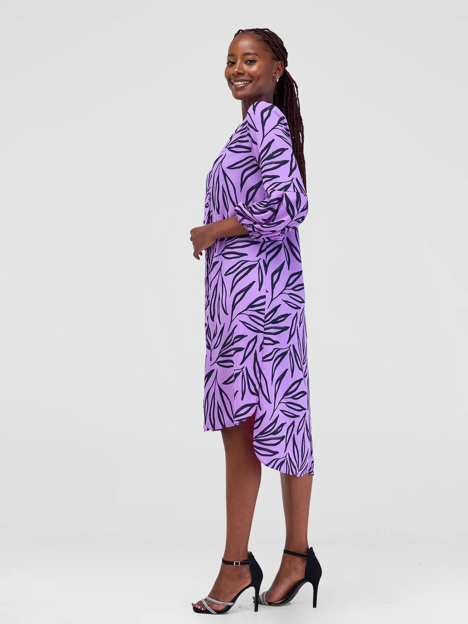 Vivo Imali Bishop Sleeve High Low Knee Length Dress - Purple / Black Kasai Print