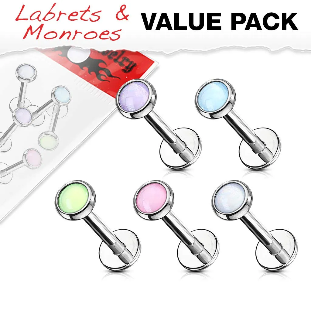 WILDKLASS 5 Pcs Value Pack Internally Threaded Illuminating Stone Set 316L Surgical Steel Labret, Flat Back Studs